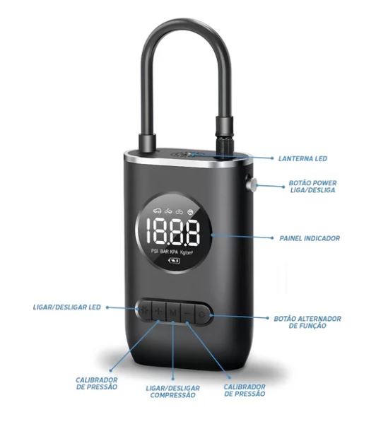 Compressor De Ar Elétrico Mini Portátil Sem Fio para Carro/Moto/Bicicleta